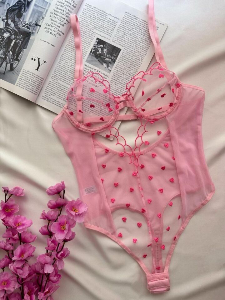 Pink Pure Balenli Dantelli Transparan Bodysuit