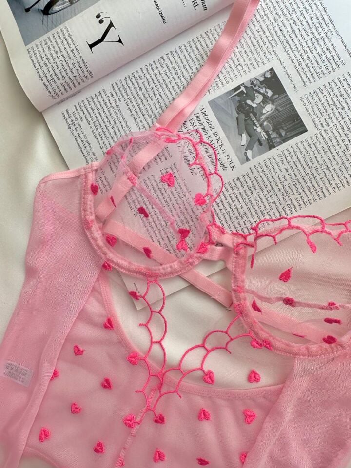 3 'lü Heart Whisper Kalpli Transparan Balenli Bodysuit & İç Çamaşırı Takımı