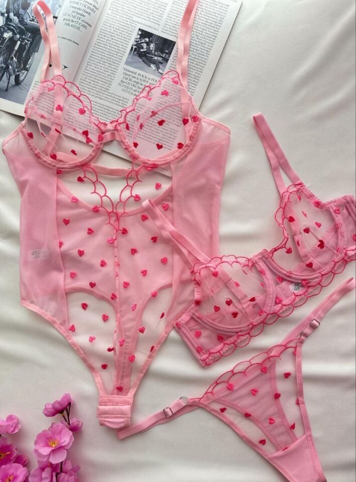 3 'lü Heart Whisper Kalpli Transparan Balenli Bodysuit & İç Çamaşırı Takımı