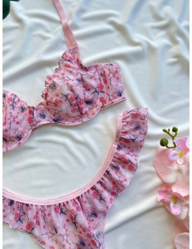 Çiçek Desenli Fırfırlı İç Giyim Takımı-Pembe
