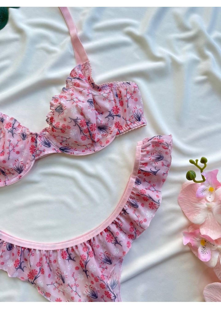 Çiçek Desenli Fırfırlı İç Giyim Takımı-Pembe