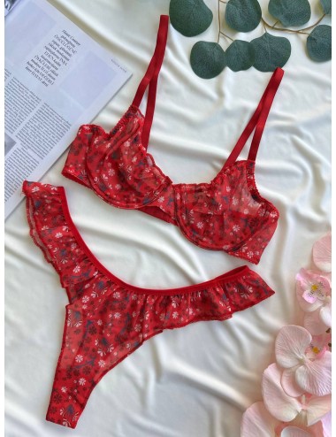 Çiçek Desenli Fırfırlı İç Giyim Takımı-Kırmızı