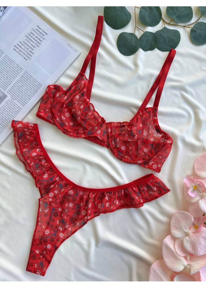 Çiçek Desenli Fırfırlı İç Giyim Takımı-Kırmızı