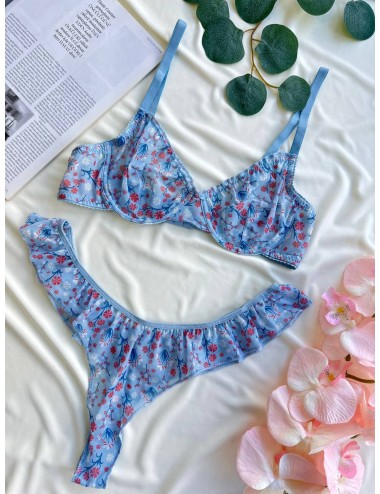 Çiçek Desenli Fırfırlı İç Giyim Takımı-Mavi