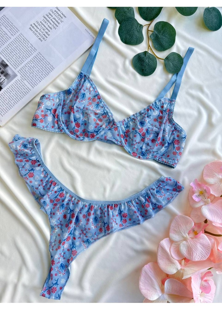 Çiçek Desenli Fırfırlı İç Giyim Takımı-Mavi