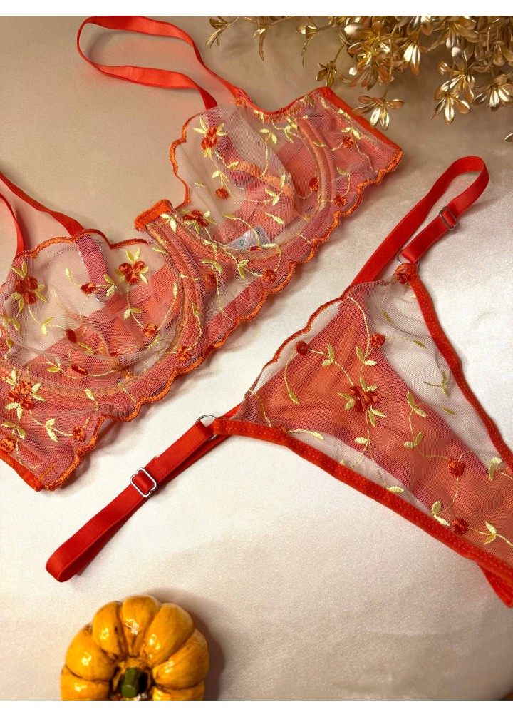 Rosaria Orange – İşlemeli Tül Balenli Balkonet Sütyen Takımı